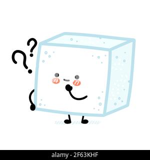 Cute funny happy sugar piece cube character with question marks. Vector flat line cartoon kawaii character illustration icon. Isolated on white background. Sugar cube character concept Stock Vector