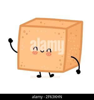 Cute brown cane sugar cube character. Vector flat line cartoon kawaii character illustration icon. Isolated on white background. Sugar, sugarcane unrefined cube character concept Stock Vector