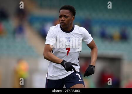 Cardiff, UK. 29th Mar, 2021. Karamoko Dembele of England in action. U18 Football international match, Wales v England, at the Leckwith stadium in Cardiff, South Wales on Monday 29th March 2021. Editorial use only. pic by Andrew Orchard/Andrew Orchard sports photography/Alamy Live News Credit: Andrew Orchard sports photography/Alamy Live News Stock Photo