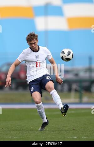 Cardiff, UK. 29th Mar, 2021. Callum Doyle of England in action. U18 Football international match, Wales v England, at the Leckwith stadium in Cardiff, South Wales on Monday 29th March 2021. Editorial use only. pic by Andrew Orchard/Andrew Orchard sports photography/Alamy Live News Credit: Andrew Orchard sports photography/Alamy Live News Stock Photo