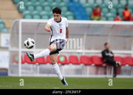 Cardiff, UK. 29th Mar, 2021. Alex Robertson of England u18's in action. U18 Football international match, Wales v England, at the Leckwith stadium in Cardiff, South Wales on Monday 29th March 2021. Editorial use only. pic by Andrew Orchard/Andrew Orchard sports photography/Alamy Live News Credit: Andrew Orchard sports photography/Alamy Live News Stock Photo