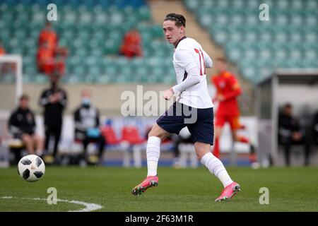 Cardiff, UK. 29th Mar, 2021. Louie Barry of England in action. U18 Football international match, Wales v England, at the Leckwith stadium in Cardiff, South Wales on Monday 29th March 2021. Editorial use only. pic by Andrew Orchard/Andrew Orchard sports photography/Alamy Live News Credit: Andrew Orchard sports photography/Alamy Live News Stock Photo