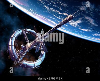 New Big Space Station Orbiting Blue Planet Earth Stock Photo