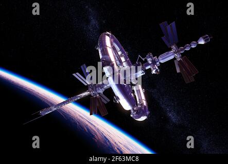 New Big Space Station Orbiting Planet Earth Stock Photo