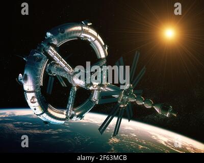 New Futuristic Space Station Orbiting Planet Earth Stock Photo
