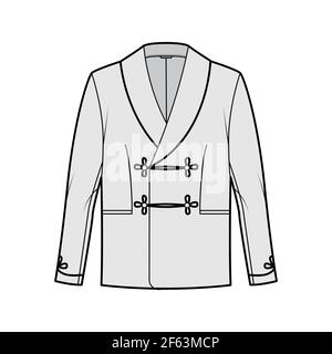 Smoking jacket technical fashion illustration with double breasted, long sleeves, shawl collar, besom pockets. Flat pajama top coat template front, grey color style. Women, men, unisex CAD mockup Stock Vector