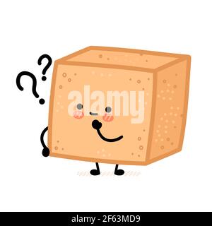 Cute brown cane sugar cube character with question mark. Vector flat line cartoon kawaii character illustration icon. Isolated on white background. Sugar, sugarcane unrefined cube character concept Stock Vector