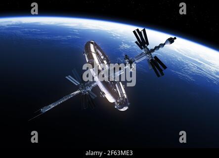 Big Space Station Orbiting Blue Planet Earth Stock Photo