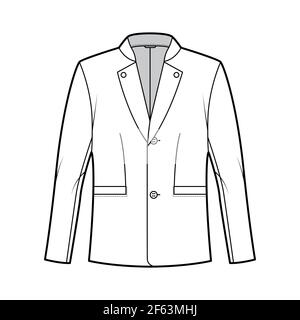 Tyrolean jacket tuxedo technical fashion illustration with long sleeves, stand lapel collar, welt pockets. Flat Austrian coat template front, white color style. Women, men, unisex top CAD mockup Stock Vector