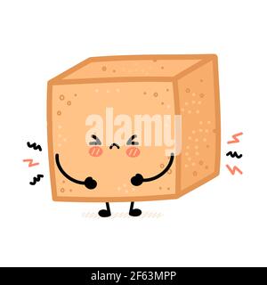 Cute sad brown cane sugar cube character. Vector flat line cartoon kawaii character illustration icon. Isolated on white background. Sugar, sugarcane unrefined cube character concept Stock Vector