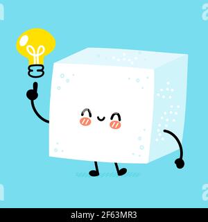 Cute funny happy sugar piece cube character with idea light bulb. Vector flat line cartoon kawaii character illustration icon. Sugar cube character concept Stock Vector