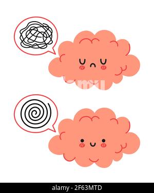 Cute funny brain character and speech bubble with messy thoughts. Vector hand drawn cartoon kawaii character illustration icon. Isolated on white background. Brain mental harmony character concept Stock Vector