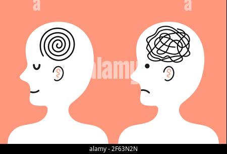 Cute human character with tangle of messy thoughts and clear mind in head. Vector cartoon kawaii character illustration icon. Bad and good mood, depression, mental health character concept Stock Vector