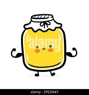 Cute funny kombucha jar character show muscle. Vector flat line cartoon kawaii character illustration icon. Isolated on white background. Kombucha jar character concept Stock Vector