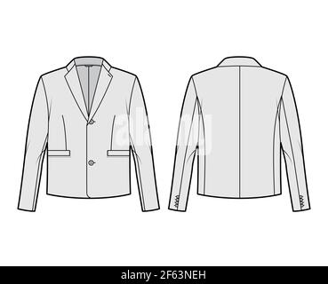 Single breasted jacket suit technical fashion illustration with long sleeves, notched lapel collar, flap welt pockets. Flat coat template front, back, grey color. Women, men, unisex top CAD mockup Stock Vector