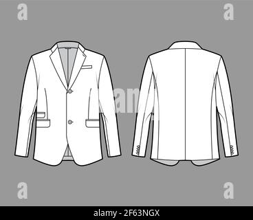 Tailored jacket lounge suit technical fashion illustration with long sleeves, notched lapel collar, flap went pockets. Flat coat template front, back, white color style. Women, men, unisex CAD mockup Stock Vector