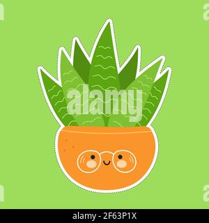 Cute funny Succulent in a pot character sticker. Vector hand drawn cartoon kawaii character illustration icon. Succulent in a pot character concept Stock Vector