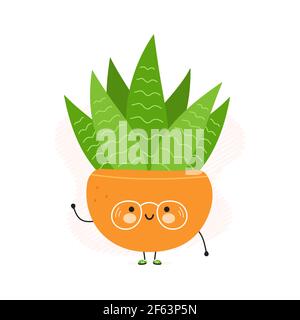 Cute funny Succulent in a pot character. Vector hand drawn cartoon kawaii character illustration icon. Isolated on white background. Succulent in a pot character concept Stock Vector