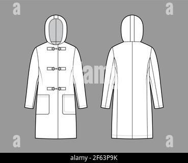 Clasp coat technical fashion illustration with long sleeves, hood, oversized body, patch pockets, knee length. Flat jacket template front, back, white color style. Women, men, unisex top CAD mockup Stock Vector