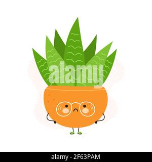 Cute sad Succulent in a pot character. Vector hand drawn cartoon kawaii character illustration icon. Isolated on white background. Succulent in a pot character concept Stock Vector