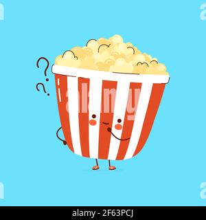 Cute funny Popcorn with question marks. Vector hand drawn cartoon kawaii character illustration icon. Isolated on white background. Popcorn think concept Stock Vector