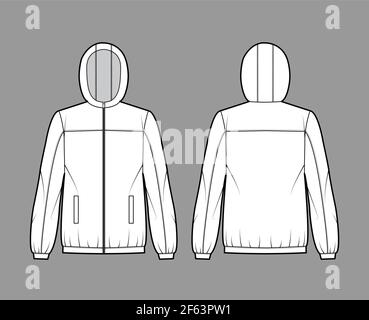 Windbreaker jacket technical fashion illustration with hood, oversized, long sleeves, welt pockets, zip-up opening. Flat coat template front, back white color style. Women, men, unisex top CAD mockup Stock Vector