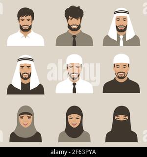 set of flat muslim avatars, vector arab people icon, saudi characters Stock Vector