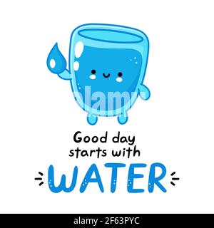 Cute funny happy water glass character hold aqua drop. Vector flat line cartoon kawaii character illustration icon. Isolated on white background. Good day starts with water card,poster concept Stock Vector