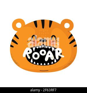 Cute funny tiger. Roar quote. Vector scandinavian style cartoon character illustration icon. Isolated on white background. Tiger character nursery print for children t-shirt,card,poster concept Stock Vector