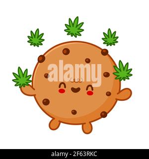Cute funny chocolate cookie jogging marijuana weed leaf character. Vector flat line cartoon kawaii character illustration. Isolated on white background. Weed edible cookie character bundle concept Stock Vector