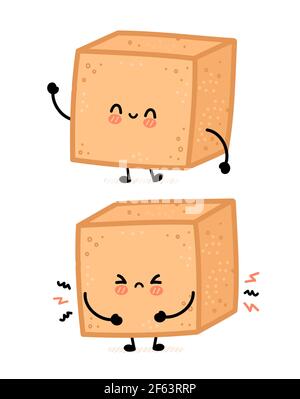 Cute happy and sad brown cane sugar cube character. Vector flat line cartoon kawaii character illustration icon. Isolated on white background. Sugar, sugarcane unrefined cube character concept Stock Vector