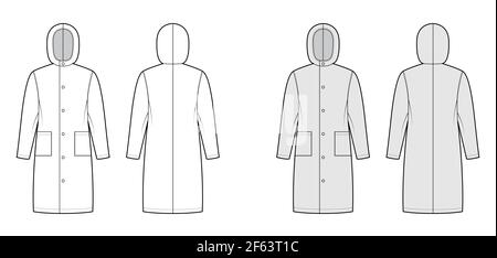 Slicker coat Sou'wester technical fashion illustration with hood, long sleeves, patch pockets, knee length. Flat jacket template front, back, white, grey color style. Women, men, unisex top CAD mockup Stock Vector