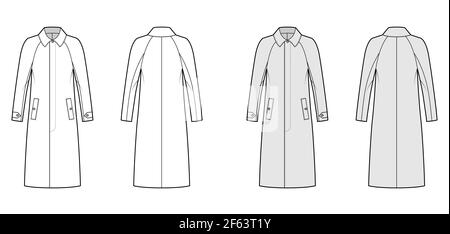 Mackintosh coat technical fashion illustration with raglan long sleeves, regular collar, midi length. Flat rubber jacket template front, back, white, grey color style. Women, men unisex top CAD mockup Stock Vector