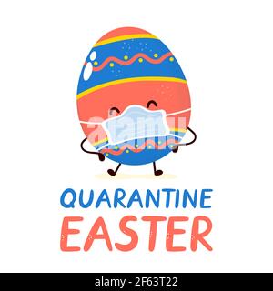 Cute happy smiling easter egg in medical mask character. Happy Easter card.Vector flat cartoon illustration icon design. Isolated on white background. Quarantine Easter, corona virus concept Stock Vector