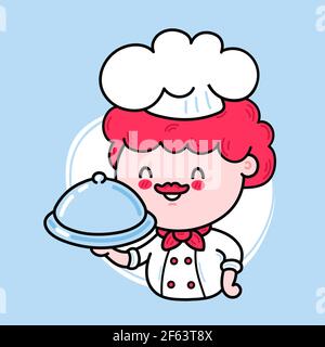 Cute funny chef cook character serving a dish. Vector hand drawn cartoon kawaii character illustration icon. Cute kawaii cook chef character logo concept Stock Vector