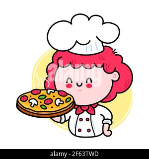 Cute funny chef cook girl character serving pizza. Vector hand drawn cartoon kawaii character illustration icon. Isolated on white background. Cute kawaii woman cook character with pizza logo concept Stock Vector