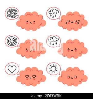 Cute funny brain character in different emotional mood set. Vector hand drawn cartoon kawaii character illustration icon. Isolated on white background. Brain mental health bundle character concept Stock Vector