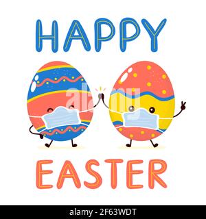 Cute happy smiling easter eggs in mediacal mask character. Happy Easter card.Vector flat cartoon illustration icon design. Isolated on white background. Quarantine Easter, corona virus concept Stock Vector