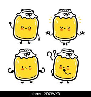 Cute funny kombucha jar character set collection. Vector flat line cartoon kawaii character illustration icon. Isolated on white background. Kombucha jar character bundle concept Stock Vector