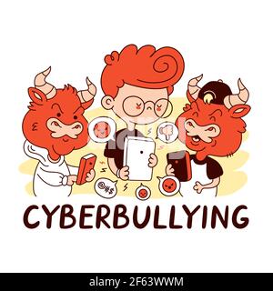 Kid getting bullied. Cyberbullying quote. Vector cartoon character flat line illustration. Isolated on white background. Bullying at school, Cyberbullying poster concept Stock Vector