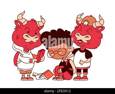 Kid getting bullied. Vector cartoon character flat line illustration. Isolated on white background. Bullying at school concept Stock Vector