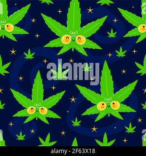 Cute funny happy weed marijuana leafs and stars in space seamless pattern. Vector kawaii cartoon illustration icon design. Cute weed marijuana seamless pattern concept Stock Vector