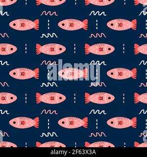 Simple salmon fish seamless pattern. Vector cartoon scandinavian minimalistic style illustration icon design. Fish in water seamless pattern concept Stock Vector