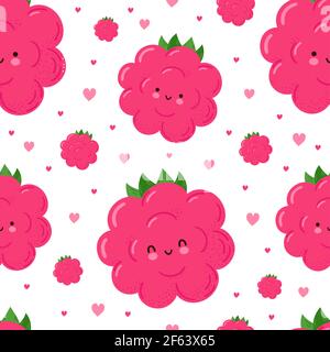 Cute funny happy raspberries and hearts seamless pattern. Vector kawaii cartoon illustration icon design. Isolated on white background Cute raspberries seamless pattern concept Stock Vector