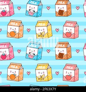 Cute funny happy flavored milk box and hearts seamless pattern. Vector kawaii cartoon illustration icon design. Cute milk with different flavors seamless pattern concept Stock Vector