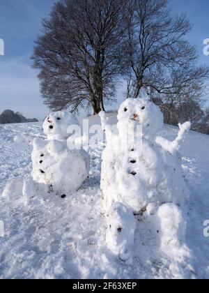 Snowmen on a winter morning, Hawes, Wensleydale, Yorkshire Dales National Park Stock Photo