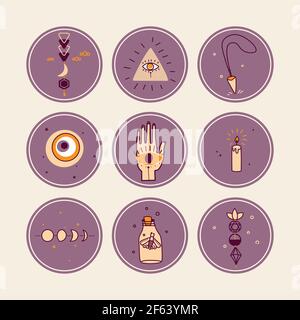 Vector highlight covers set for social media stories. Magic, esoteric concept. Collection of round icons of mystical objects. Stock Vector