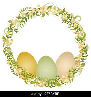 Easter wreath and coloring eggs. Yellow flowers Stock Vector