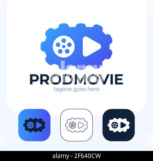 Play icon with video gear logo - made movie company. Video channel player. Vlog or video blogging or movie channel buttons set. Vector illustration Stock Vector