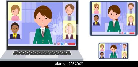 A set of schoolgirl having an online meeting. A set of laptop, tablet and smartphone.It's vector art so easy to edit. Stock Vector